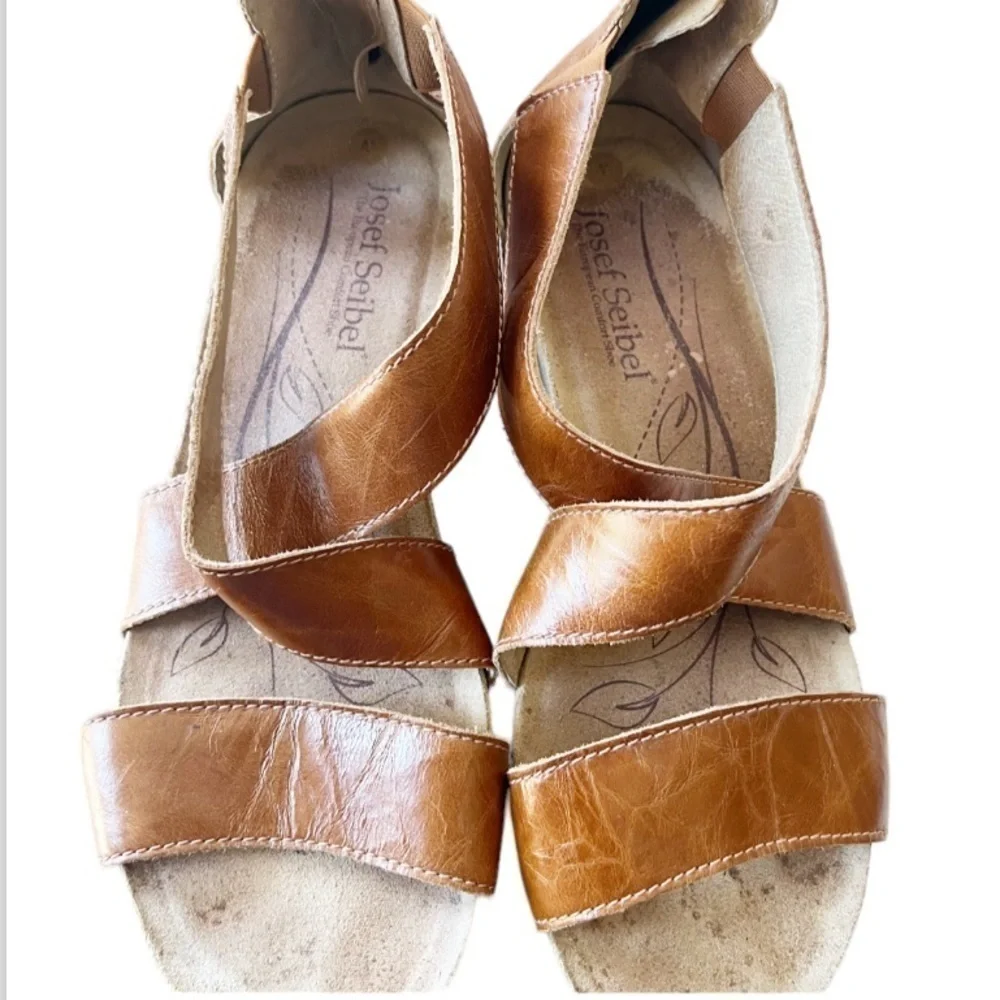 JOSEF Seibel Meike 05 Leather Kork Wedge Sandals 41 Camel Brown